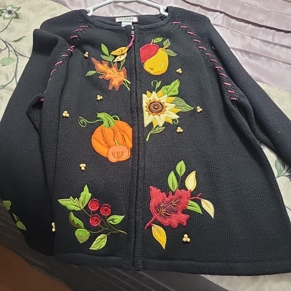 Vintage Tiara International Zip Sweater Womens Medium Fall Autumn Pumpkin Leave